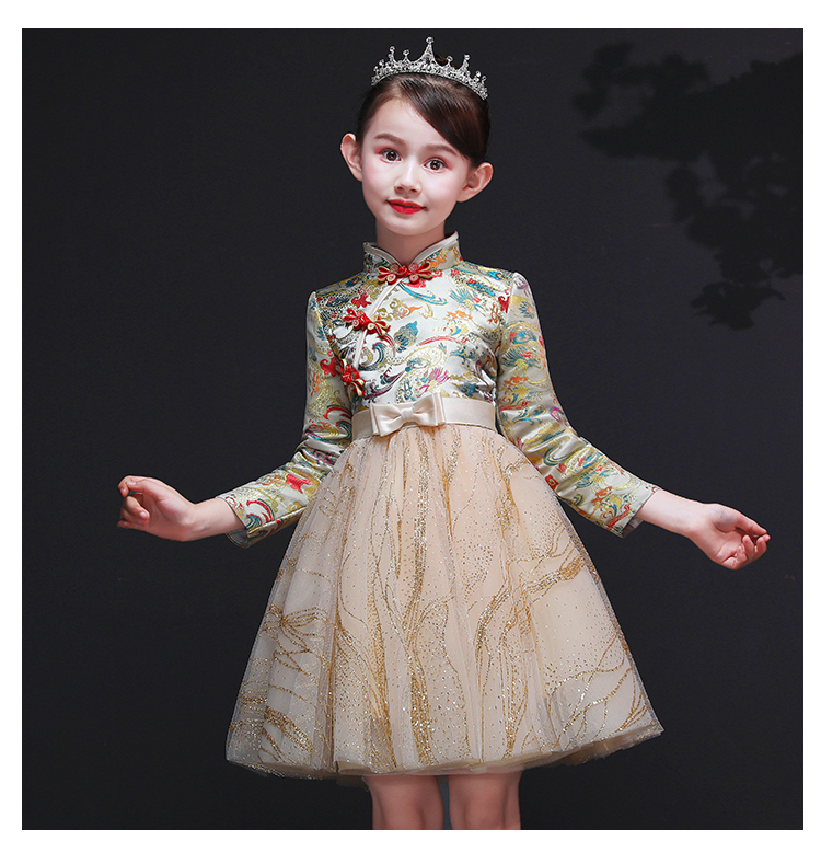 Đầm công chúa đầm bé gái váy pettiskirt guzheng trang phục kiểu Trung Quốc catwalk dày tay dài đầm trẻ em cao cấp