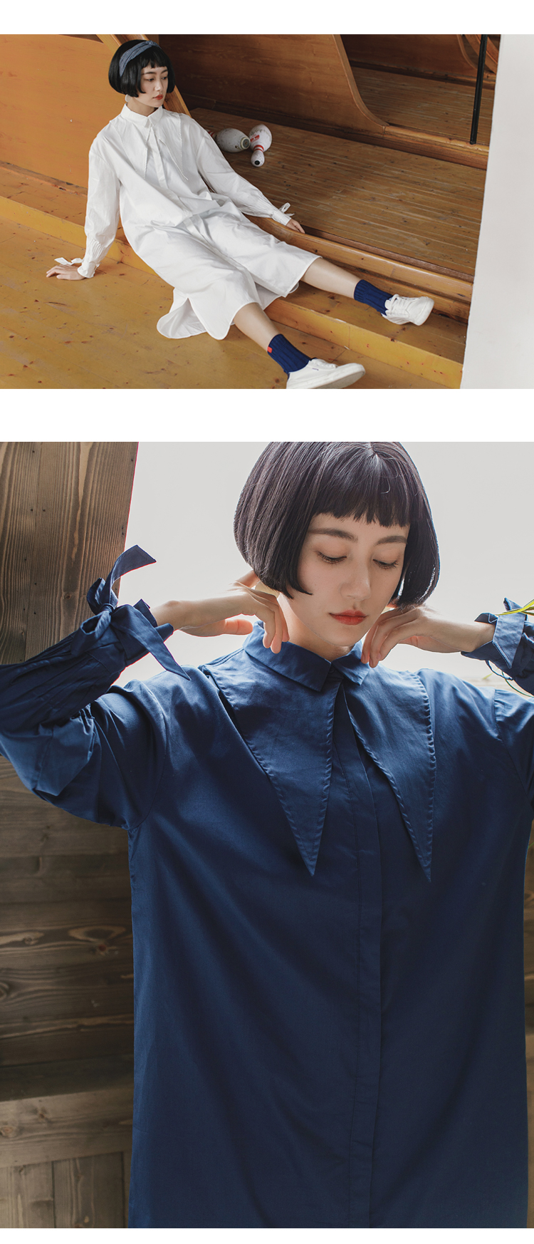 [VIMIE] 18 mùa xuân mới cảm giác retro thiết kế đặc biệt cổ áo nhọn lớn dài áo sơ mi nữ áo sơ mi phối