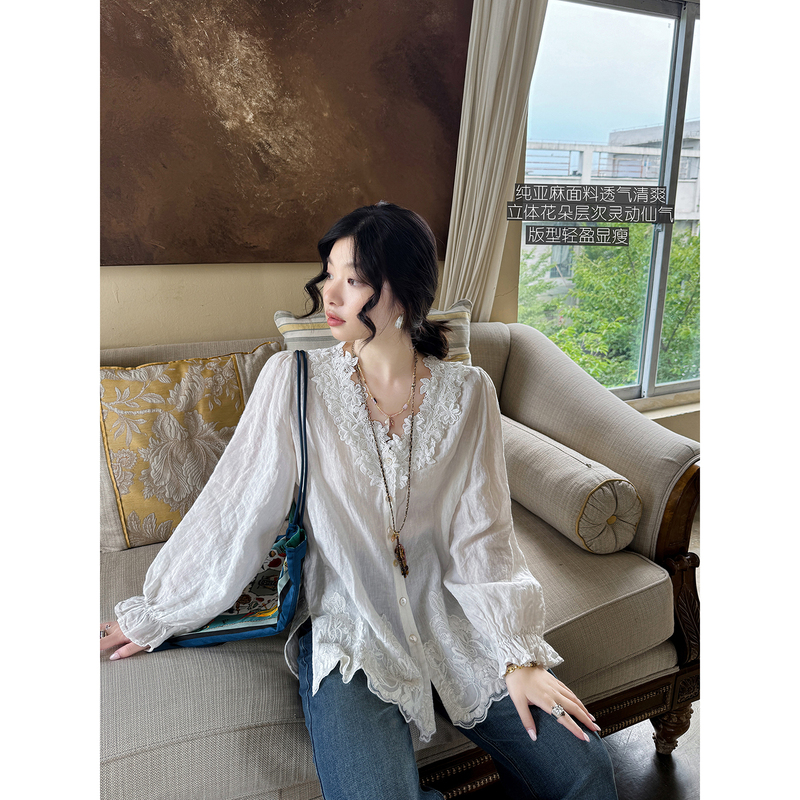 Pure Linen Fairy-Like Three-Dimensional Flower V-Neck Elegant Slimming Design Age-Reducing Long-Sleeve Shirt Annie Forest