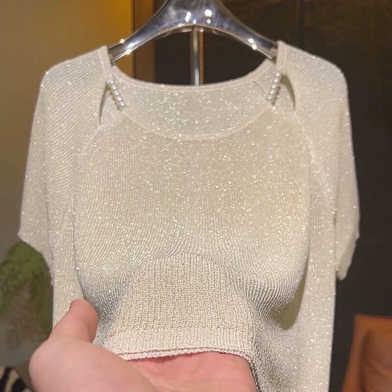2026 New Style Knitted Sweater with Shiny Large Size Ice Silk Design, Beaded, Loose Fit, Slimming, Collarbone-Baring Short-Sleeve Elegant Top
