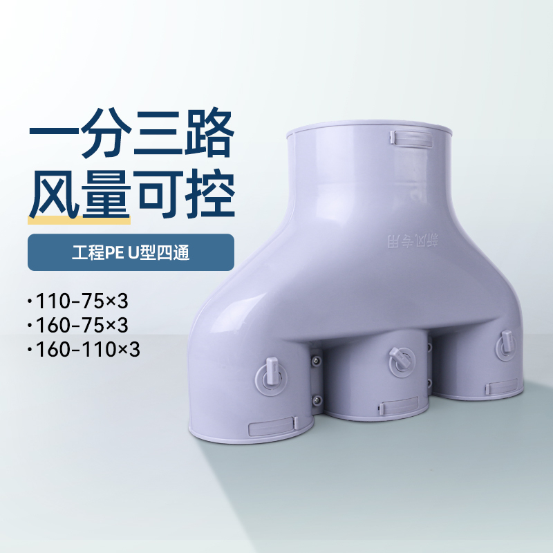 Household Fresh Air Pe Pipe U-Shaped Three-Way Four-Way 160 to 110 to 75 Pipe One-Point Three Variable Diameter with Air Valve Branch