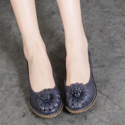 Top layer cowhide flat flower handcrafted shoes, artistic forest women's casual round toe retro women's shoes, spring and summer edition genuine leather single shoes