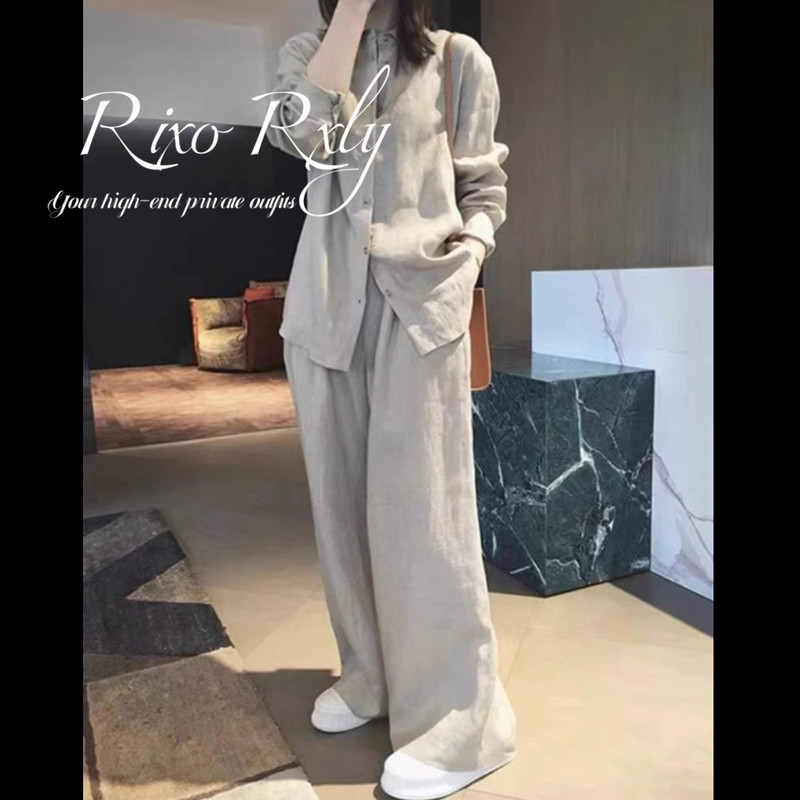 Rixo Rxly Spring and Autumn Pure Cotton and Linen Fashion Suit for Women, Summer Chinese Style Design Shirt and Wide-Leg Pants Two-Piece Set