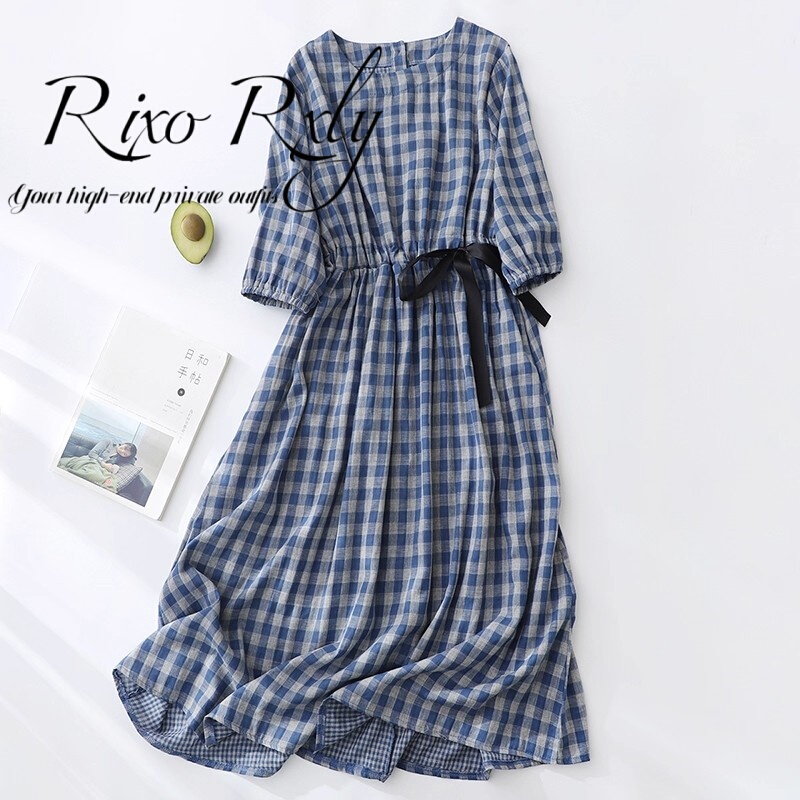 Rixo Rxly Retro Cotton and Linen Plaid Dress Loose Slimming Look Mid-Length Waist Tie Skirt Short-Sleeved Skirt