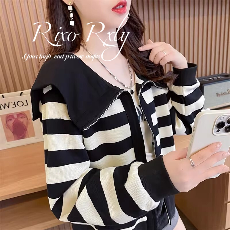 Rixo Rxly Lapel Knit Cardigan for Women, Autumn and Winter Loose Fit, Slimming Zipper Striped Sweater Cardigan Top Rixo Rxly Lapel Knit Cardigan for Women, Autumn and Winter Loose Fit, Slimming Zipper Striped Sweater Cardigan Top