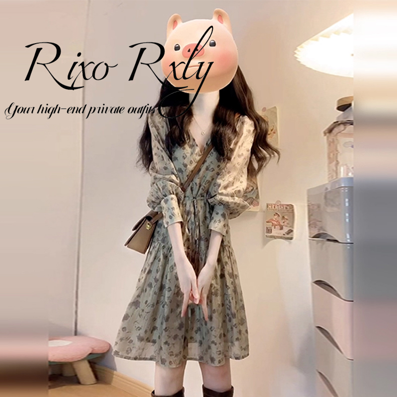 Rixo Rxly Tea Break Style French V-Neck Floral Long-Sleeve Dress for Women, Early Spring Elegant Inner Wear Waist-Cinching Short Dress