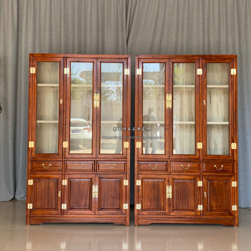 Chinese style fragrant camphor wood bookcase solid wood bookshelf with glass book room cabinet containing cabinet surface log book closet custom-made
