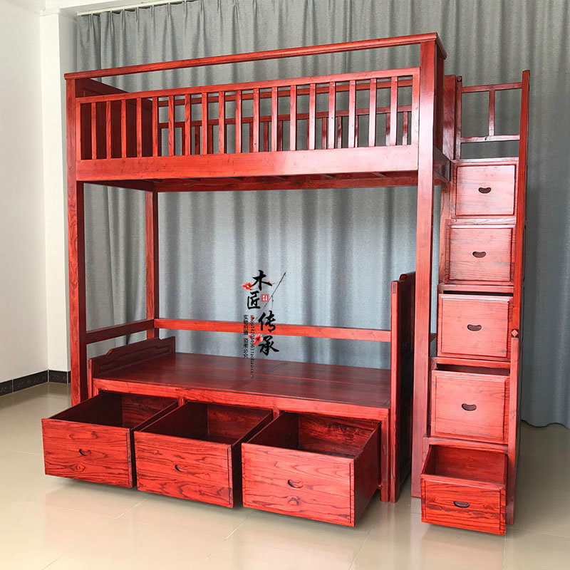 New Chinese primary-secondary bed with stairs old elm wood upper and lower bunk bed with double bed multifunction adult high and low bed children custom-made