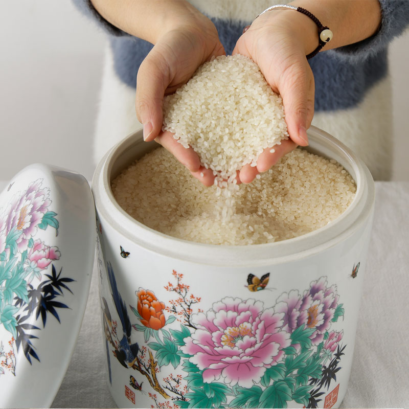 Jingdezhen ceramic rice cylinder 10 kg rice drum with lid sealed can storage tank rice storage tank storage rice tank household flour bucket insect prevention