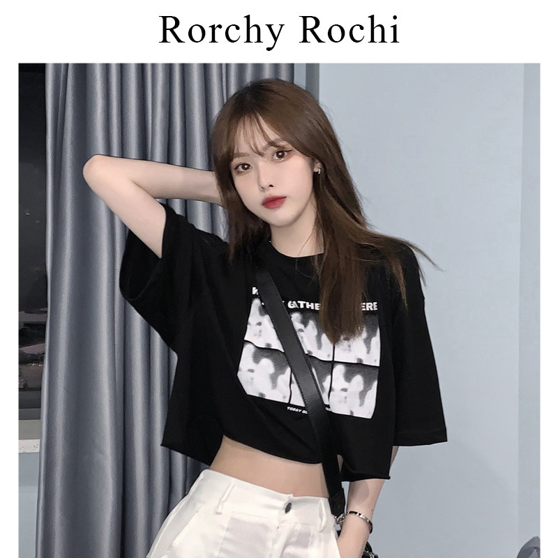 Japanese short-sleeved T-shirt women's 2023 summer new loose all-match retro print short section navel round neck top tide