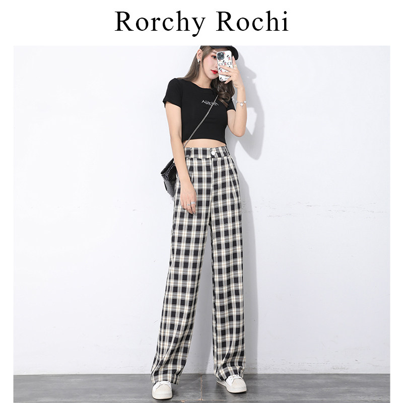 Japanese plaid wide-leg pants women's 2023 spring and summer new drape thin section loose high-waisted slim mopping straight-leg pants