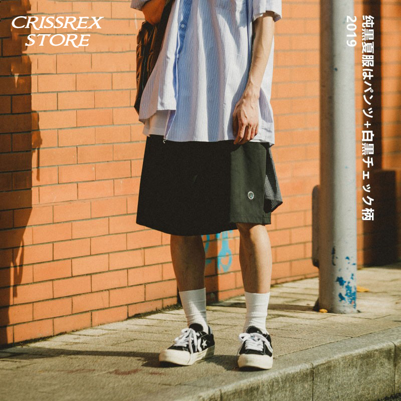 ZAKASNIO Summer New Black Tide Splicing Loose Broadleg Harbor Wind Day Series 50% Pants Suit Shorts