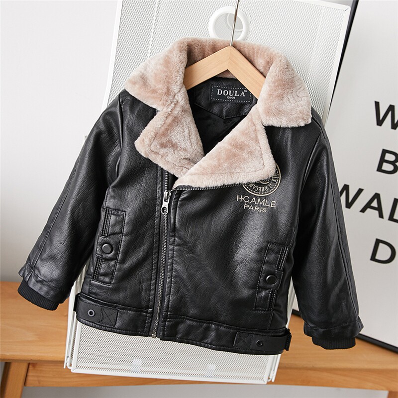 Children's Boys' Outerwear Fall/Winter 2021 New Foreign Korean Edition Children's Children's Jacket with Plush Thick Leather Jacket