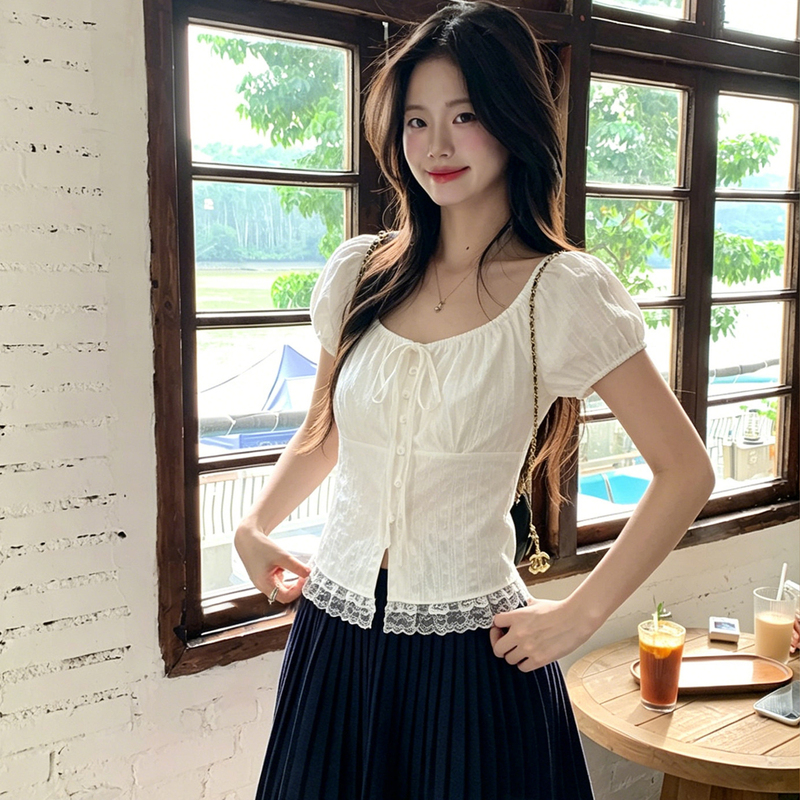 Sweet Lace-Trimmed Short-Sleeve Shirt for Women, 2026 Summer Puff Sleeves, Slimming Off-Shoulder Fitted Short Top