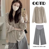 Maternity tops spring and autumn outing fashion suits French high-end temperament thin tops wide-leg pants two-piece set