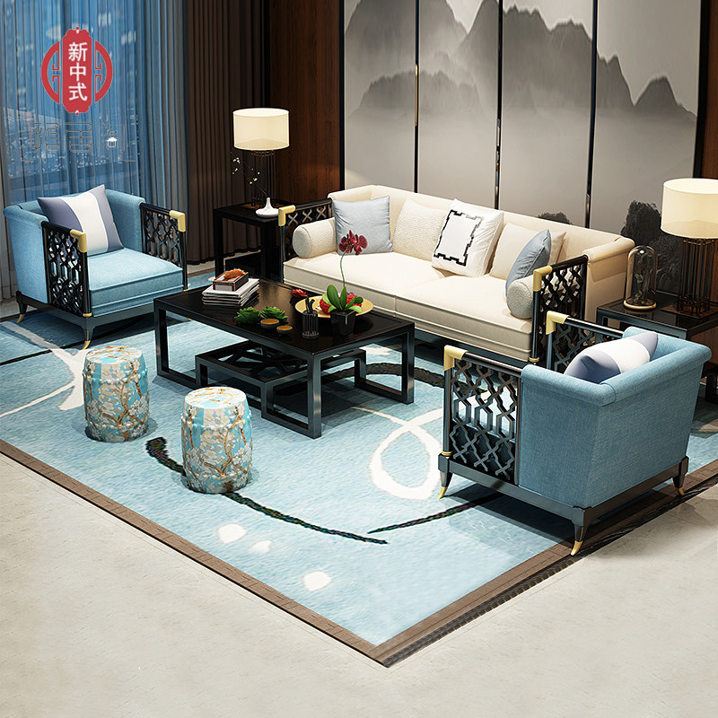 New Chinese style solid wood sofa combination modern minimalist living room model room club fabric sofa Zen custom furniture