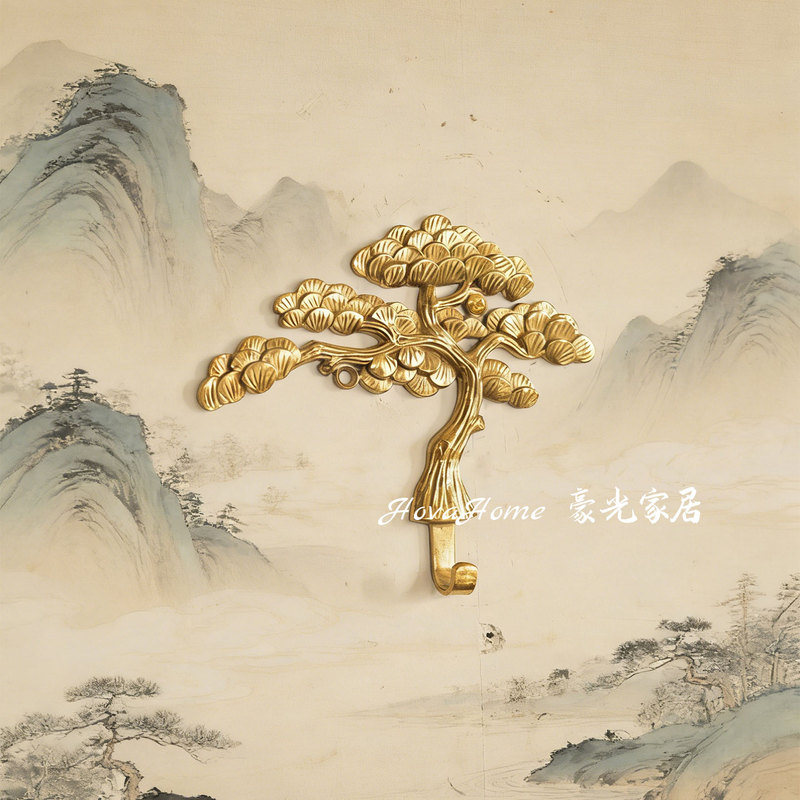 New Chinese-Style Brass Welcoming Pine Hook, Light Luxury Entrance Decoration Wall Hanging, Key Hook for Behind the Door, Creative Decoration