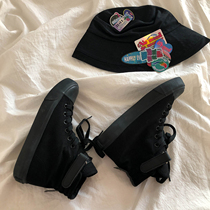 Lin Xiansan Harajuku style Japanese black shoes all-match students Korean version black high-top canvas shoes female ins street fashion