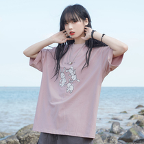 Gravity museum) rabbit print short-sleeved t-shirt womens 2021 summer new loose BF wild top