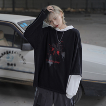 Gravitation Museum) Printed fake two-piece sweater female spring and autumn thin section loose version of student BF frock top K