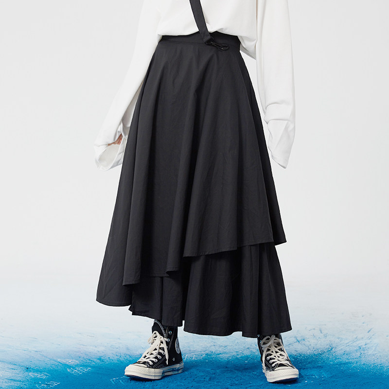 There is a gravitational museum for all of its kind) Laminated high waist asymmetrical long skirt woman medium long version of a half body skirt dark black wind skirt