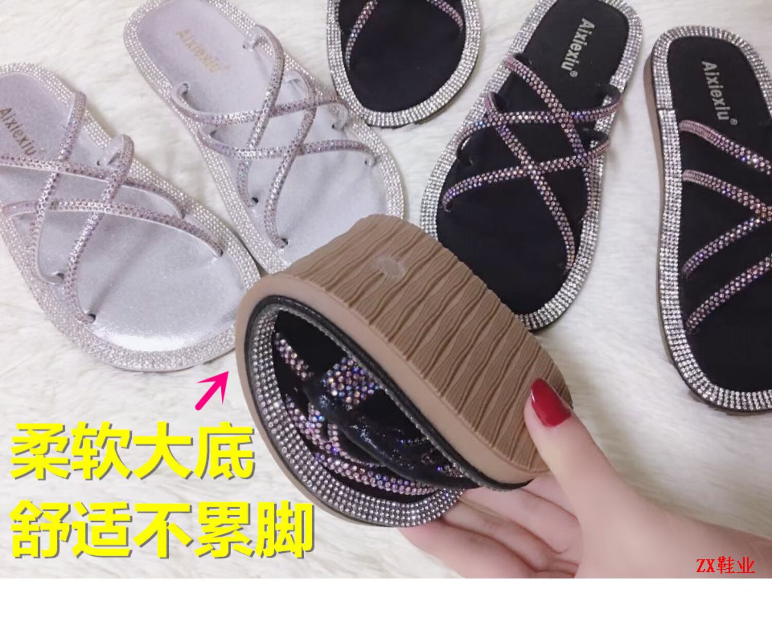 Mùa hè lưới màu đỏ với phẳng phẳng đính kim cương mở ngón chân dép nữ khí chất cổ tích gió quai ngang bãi biển dép - Sandal sandal nữ đẹp