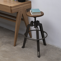 Minimalist Bar Stool Retro Industrial Wind Bar Stool American Liftable Swivel Cast Iron Solid Wood Small Round Bench Bar Stool