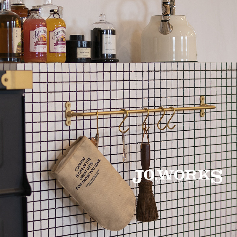 Jane Things JO WORKS Brass Hanging Pole Nordic Cookware Rack Bathroom Towel Hanging Pole Retro Hooks rack-Taobao