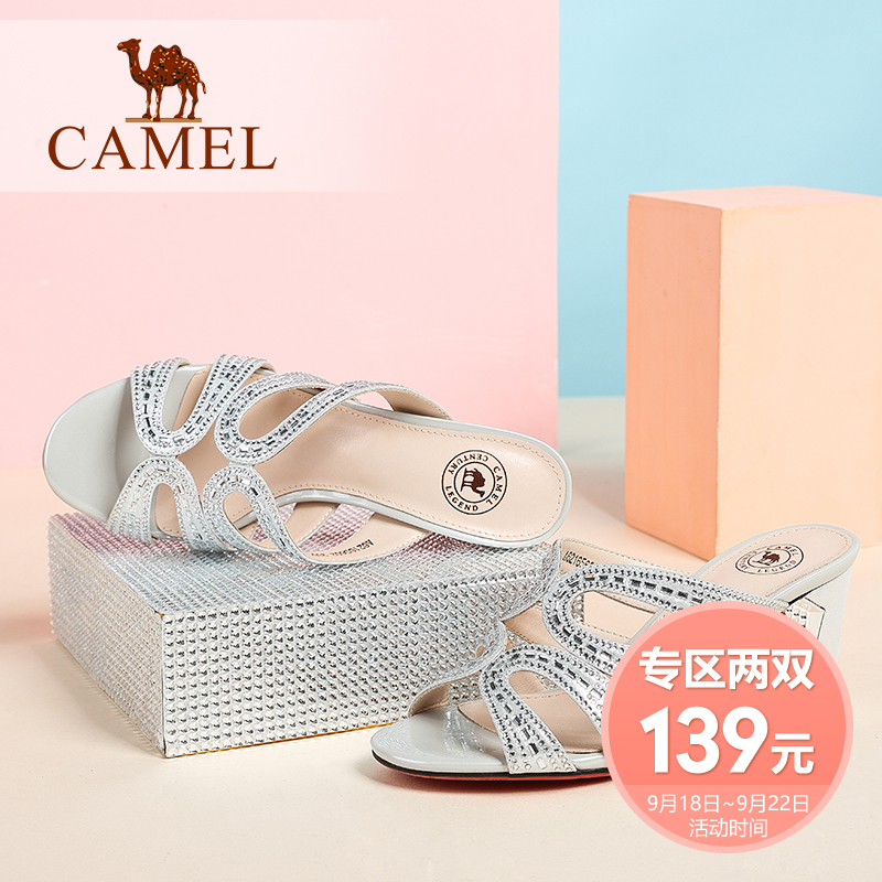 Camel/骆驼女鞋 夏季新款 韩版高跟女鞋 真皮水钻高跟拖鞋