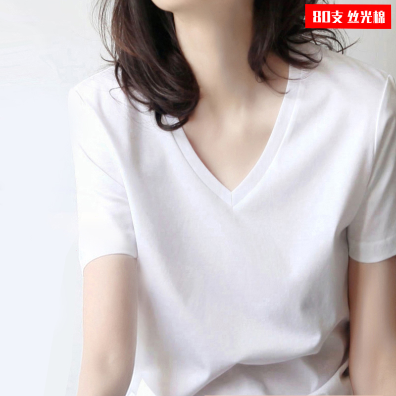 Xinjiang Cotton 80 Mercerized Cotton Short-Sleeve V-Neck T-Shirt for Women, White Summer Pure Cotton Sweetheart Neckline 2026 New Style Regular Shoulder T-Shirt Xinjiang Cotton 80 Mercerized Cotton Short-Sleeve V-Neck T-Shirt for Women, White Summer Pure Cotton Sweetheart Neckline 2026 New Style Regular Shoulder T-Shirt