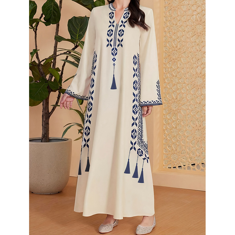 2026 European and American Home Dress Clothing Printed V-Neck Long Dress Travel Ethnic Style Printed Dress Dress