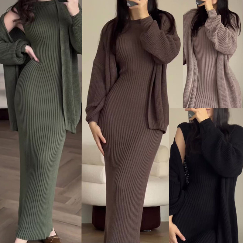 Sweater Cardigan Dress Set Autumn and Winter European and American Style Base Sweater Cardigan Dress Two-Piece Set