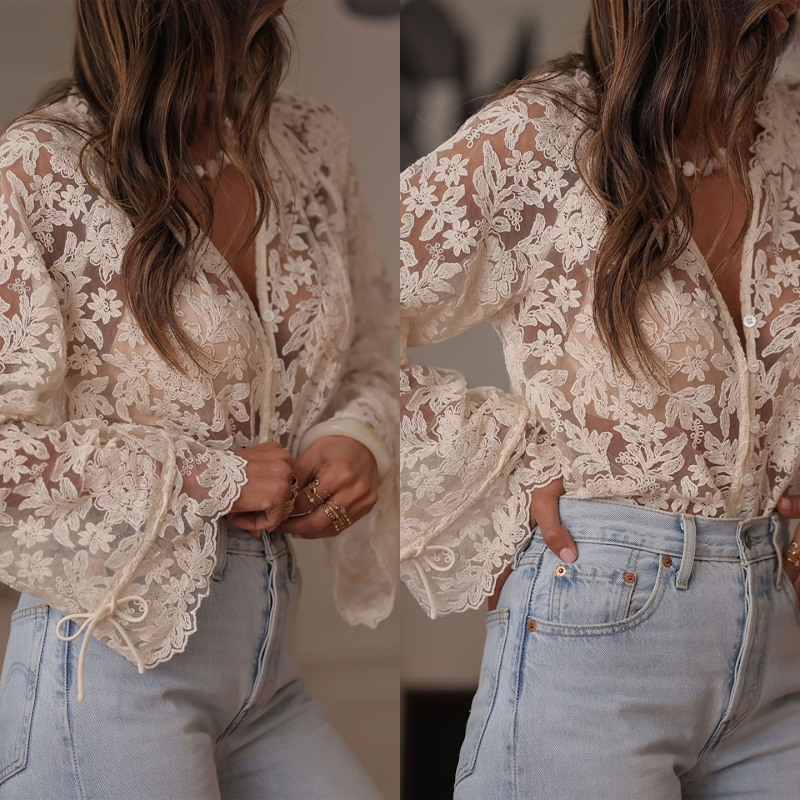 Hollow Out Casual Lace Shirt Woman European and American New Style Hollow Casual Lace Shirt Hollow Out Casual Lace Shirt Woman European and American New Style Hollow Casual Lace Shirt