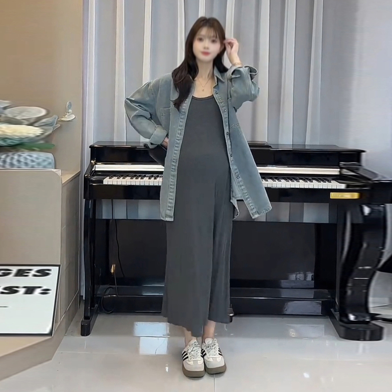 Maternity Denim Suit 2026 Spring and Summer Fashion Retro Loose Denim Jacket Versatile Vest Dress Casual Two-Piece Set