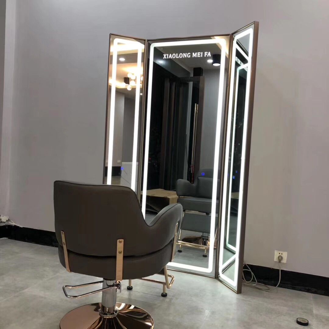 Net red three-sided mirror folding one custom European simple hair mirror touch LED light mirror management shop mirror