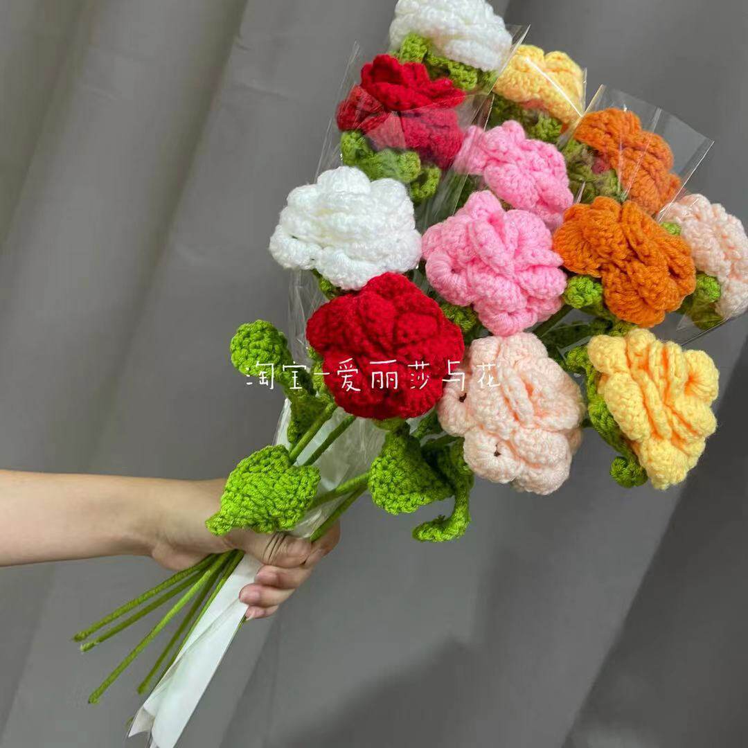 Finished Hand Woven Rose Bouquet Homemade Wool Wire Crochet Hook Diy Material Bag Flowers Valentine's Day Girlfriend Gift