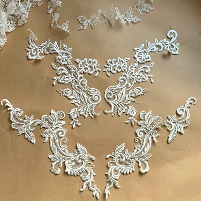 New Ab Combination European-Style Floral Pattern with Silver Thread Outlining Off-White Embroidered Lace Applique for High-End Wedding Dresses and Veils