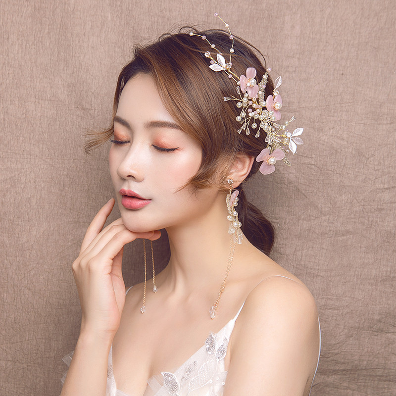 Lovely bride sweet pink flowers Korean handmade wedding dress super fairy hair earring set