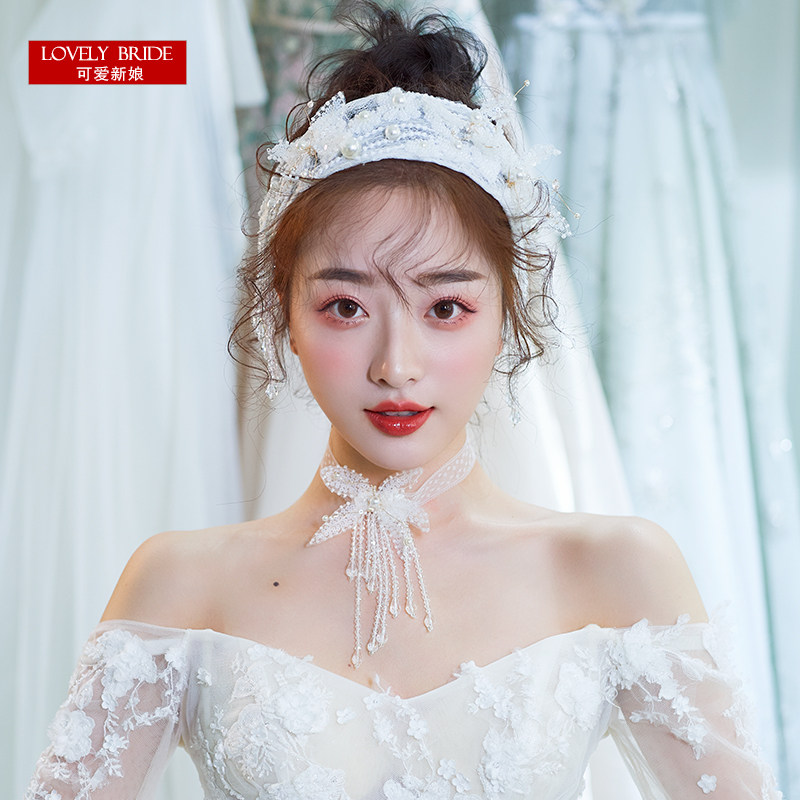 2021 new fairy beauty handmade lace crystal tassel wide headband Korean sweet style Mori styling hair accessories