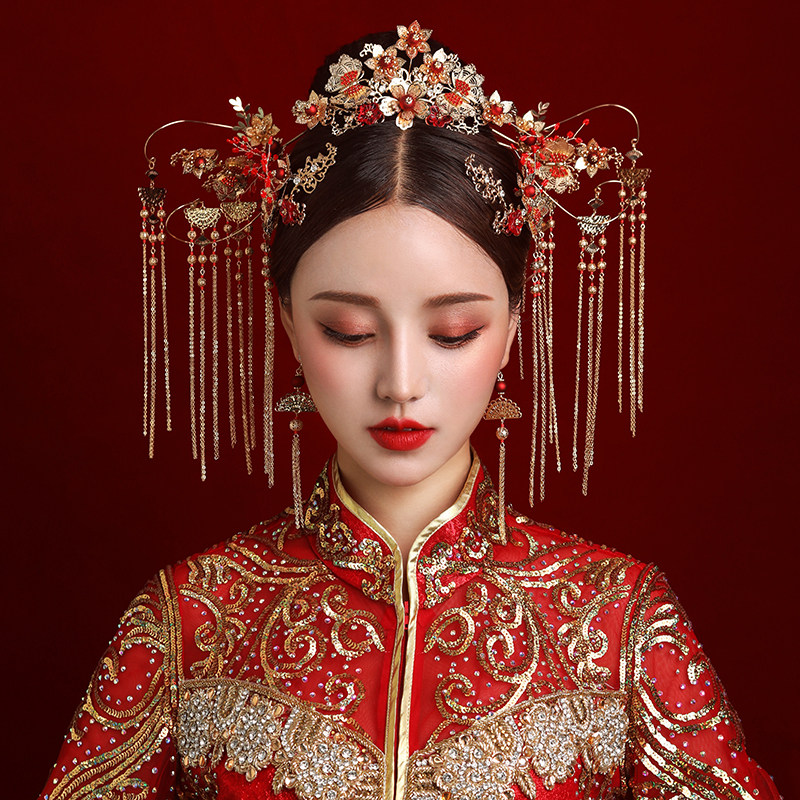 Cute Bride 2021 New Chinese Retro Wedding Golden Flowers Show and Hair Accessories of an Fengguan Xia Guan