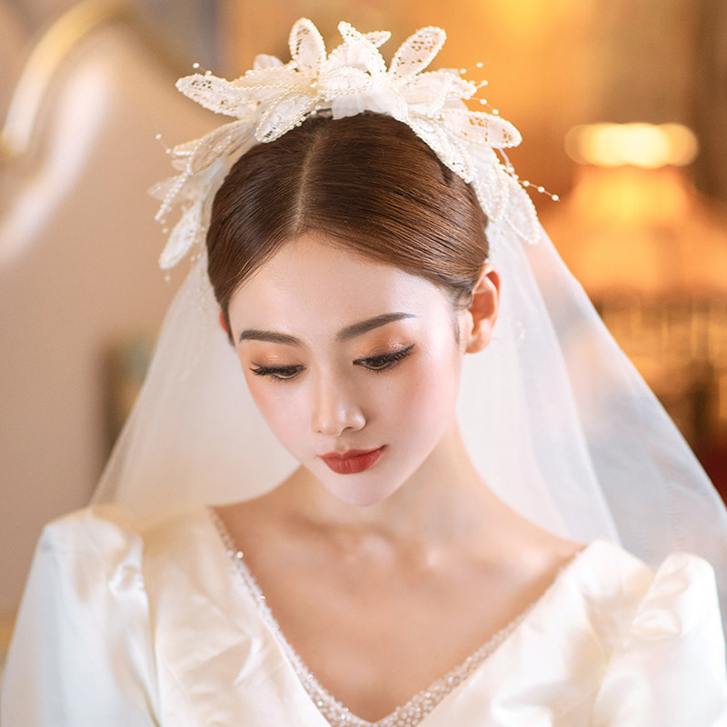 Senmei beauty bride main wedding dress headdress romantic senmei lace French short style headdress wedding accessories