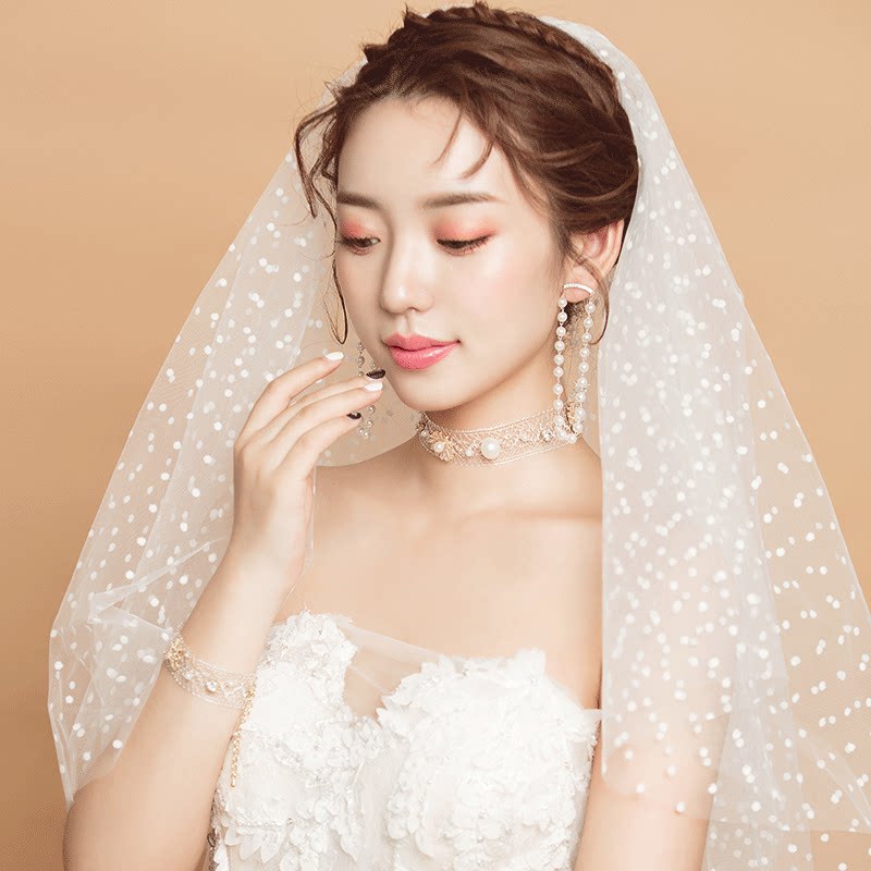 Cute Bride Super Fairy Romantic Wave Dot Bride Wedding Brigade Pat for long version of photo Double white head yarn New product