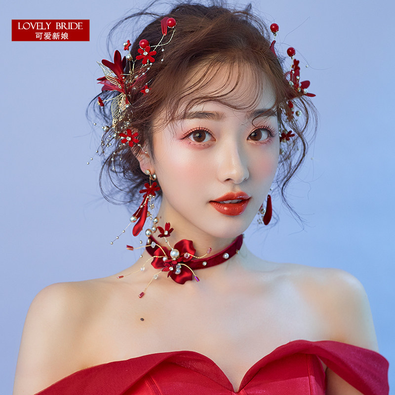 Cute bride 2021 new Korean gold beads flower edge clip headdress wedding toast dress red hair ornaments