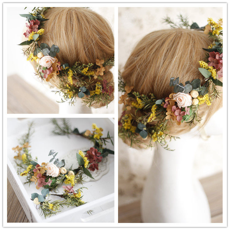 Cute bride Mori girl sweet immortal fresh dry flowers do not wither flowers outdoor wedding styling wreath bridal headwear