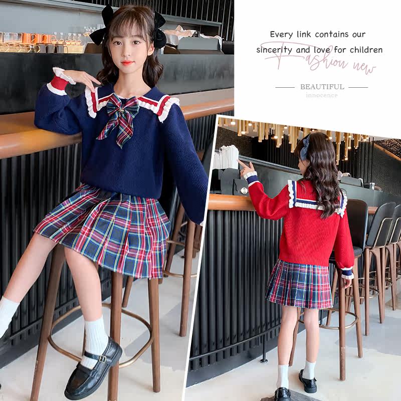 Girls Autumn Costume Institute Wind Suit 2021 New Children Foreign Pie Sweater Skirt Girl Spring Autumn Season Korean version of the internet Red