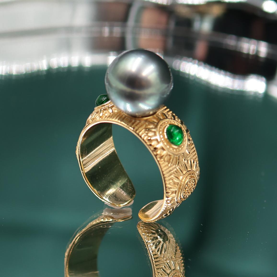 DIY Pearl Accessories New S925 Sterling Silver Light Luxury Green Zirconium Boho Style Ring Empty Holder 8-12mm