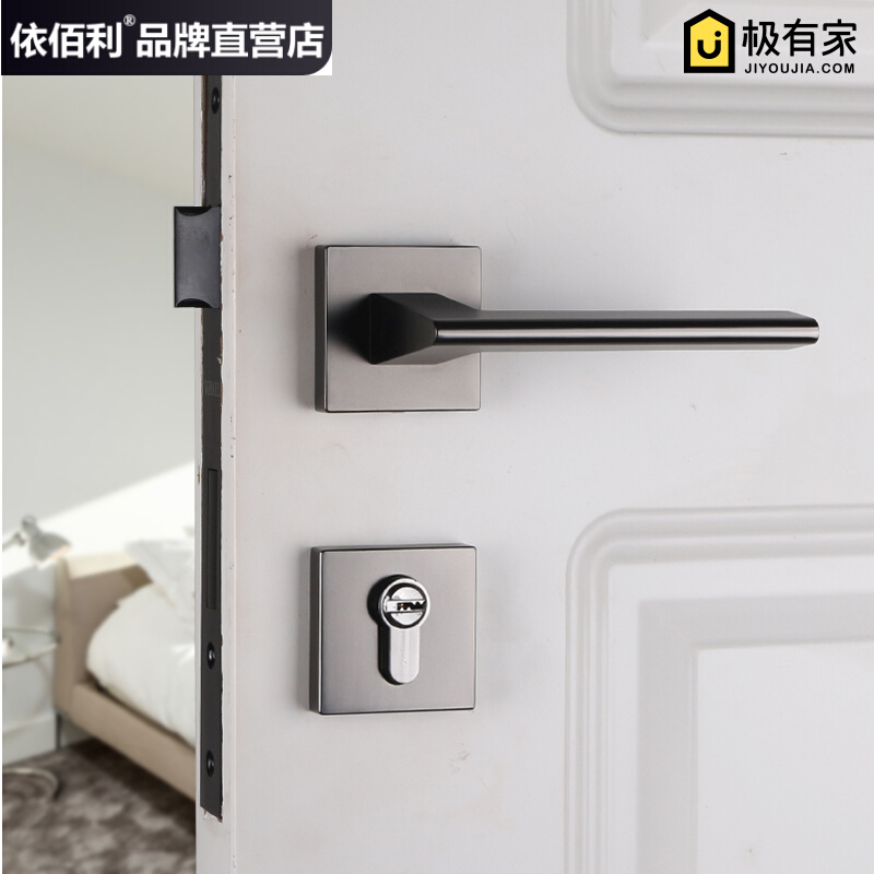 Black gray door lock frosted silver brushed square door lock European style black room door lock indoor American silent door lock