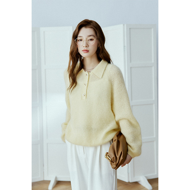 Deer and Birds Matte Super Soft Cream Mohair Polo Collar Pullover Sweater (Air Color) 4192