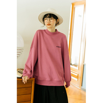 Deer and birds cotton bat sleeve back print semi-high neck pullover sweater women 3098