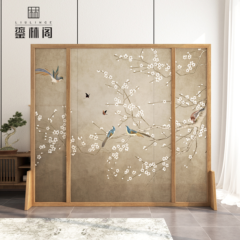 New Chinese screen partition living room enter the door door office mobile solid wood flowerbird simple modern blocking seat screen
